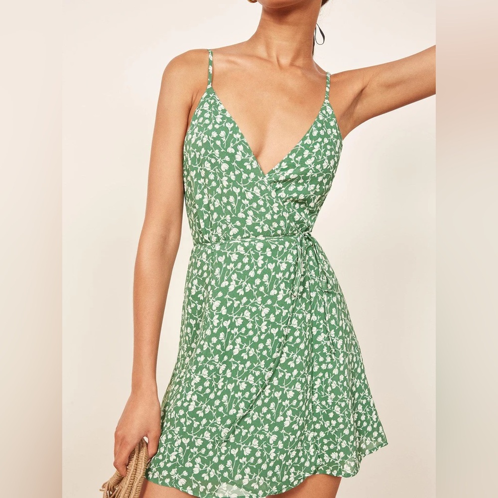 Reformation Green Floral Wrap Dress